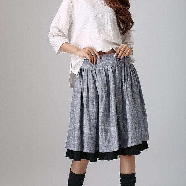 Gathered Midi skirt, Linen skirt, Skater skirt, gray skirt, women skirt, knee length skirt, pleated skirt, layered skirt, custom skirt 0777#