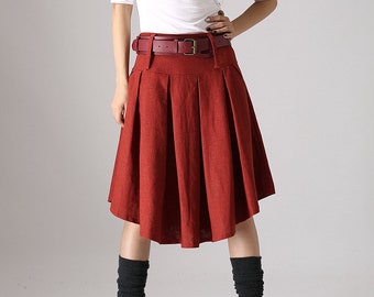 Red Linen skirt, Asymmetrical Linen Midi skirt, Woman pleated Linen skirt, knee length skirt, handmade skirt, Spring autumn skirt 0852#