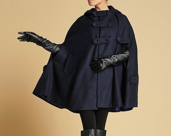 Hooded Wool Cape Coat, Autumn Winter Wool Cloak Coat, Oversized Cape Coat, Plus size wool cape, Blue Wool Poncho Cape Jacket, Xiaolizi 0391