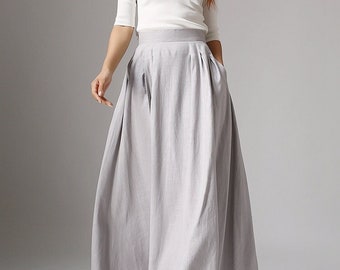 A Line Maxi skirt with pockets, Pleated Linen skirt, Linen skirt, High waist skirt, womens skirts, made to order, Summer spring skirts 1041#