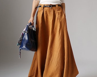 Linen skirt, long maxi skirt, yellow skirt, hippie skirt, pocket skirts, casual skirt, woman long skirts, modern clothing 1042#