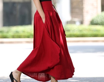 Linen wrap skirt, Maxi wrap skirt, Linen skirt, Asymmetrical skirt, Red wrap skirt with pockets,  Boho skirt, Comfy skirt, Xiaolizi 1025