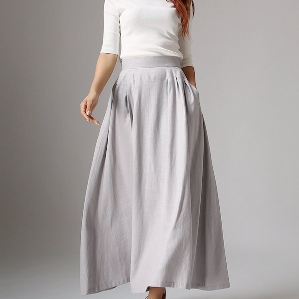 A Line Maxi skirt with pockets, Pleated Linen skirt, Linen skirt, High waist skirt, womens skirts, made to order, Summer spring skirts 1041#