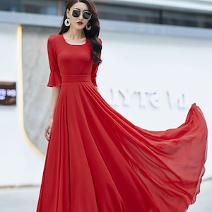 Women's Chiffon Dress, A Line Summer Chiffon Dress, Wedding Dress, Fit&Flare Big Swing Dress, Circle Chiffon Dress, Ankle Length Dress 2638