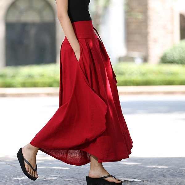 Linen wrap skirt, Maxi wrap skirt, Linen skirt, Asymmetrical skirt, Red wrap skirt with pockets,  Boho skirt, Comfy skirt, Xiaolizi 1025