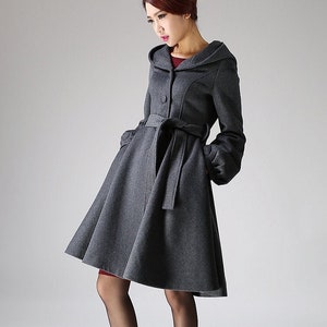 Long sleeve Hooded swing coat, winter wool coat, hooded wool coat, gray coat, A-Line Shape coat, midi length coat with lantern sleeves 1073 image 1