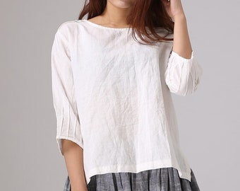 loose fit Linen blouse, white linen top, Plus size Linen shirt, summer top for women , Oversized top, womens linen top 77711#