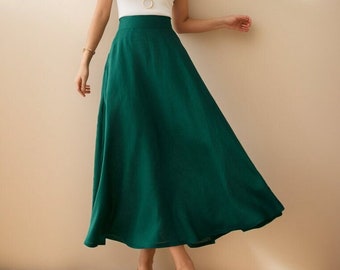 Long Linen Skirt, Green Linen Maxi Skirt with pockets, A Line Full Skirt, Women's Spring Summer Skirt, Minimalist skirt, Xiaolizi 4974