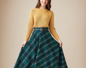 Vintage Inspired Long Wool Plaid Skirt 4628 Vintage Inspired Long Wool Plaid Skirt 4628