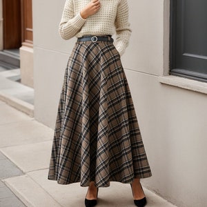 Falda larga de lana a cuadros, falda de lana con vuelo, falda circular de lana, falda de invierno y otoño para mujer, falda de lana de cintura alta, falda de lana tartán retro 4622