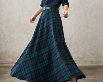 Vintage Inspired Long Wool Plaid Skirt, Tartan Winter Maxi Wool Skirt Women, A Line Wool Skirt, Plus Size Skirt with Pockets, Xiaolizi 4619