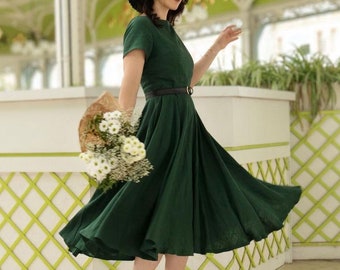 Vintage 50er Jahre Kurzarm Grünes Leinen Midi Kleid, Fit and Flare Kleid, Sommer Swing Leinenkleid mit Taschen, Frauen Bescheidenes Leinenkleid 3482