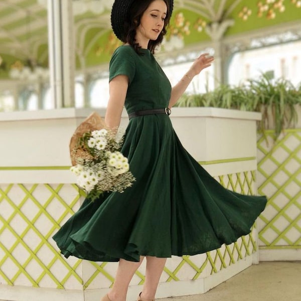 Vintage 50er Jahre Kurzarm Grünes Leinen Midi Kleid, Fit und Flare Kleid, Sommer Swing Leinenkleid mit Taschen, Damen Bescheidenes Leinenkleid 3482