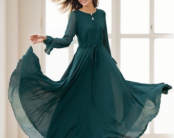 Chiffon dress, Maxi chiffon dress, Chiffon womens green dress, Boho chiffon long dress, Summer chiffon dress, Custom dress, Xiaolizi 5141