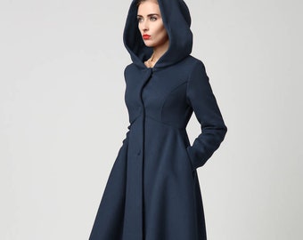 Hooded Wool coat in blue, Wool coat women, winter coat women, Vintage inspired Swing coat, Wool Princess coat, Custom made coat 2648#