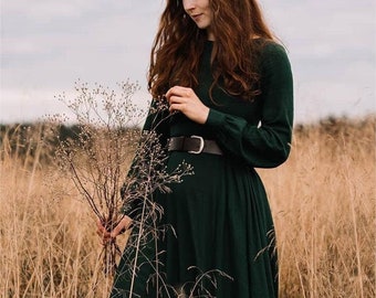 Women Vintage inspired Medieval dress, Long sleeve Linen maxi dress, Green dress, Long dress, Modest dress, Gothic dress, Autumn dress 3125#