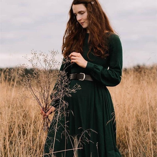 Women Vintage inspired Medieval dress, Long sleeve Linen maxi dress, Green dress, Long dress, Modest dress, Gothic dress, Autumn dress 3125#