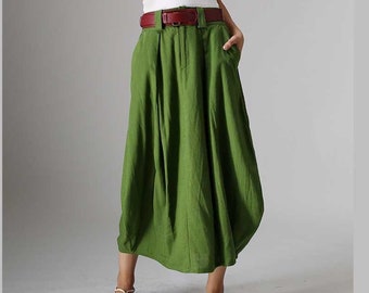 Linen skirt, Linen Midi skirt with pockets, High waisted skirt, women linen skirt, green bubble skirt, summer skirt, made to order 0984#