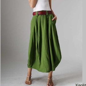 Linen skirt, Linen Midi skirt with pockets, High waisted skirt, women linen skirt, green bubble skirt, summer skirt, made to order 0984#