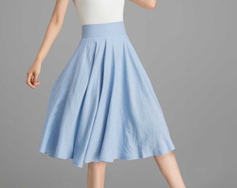High waist Linen skirt, Summer blue Linen midi skirt, Skater skirt, Circle skirt, 50s skirt, flared skirt with pockets, womens skirts 2367#