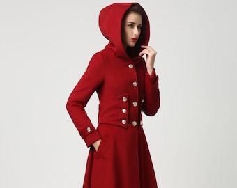 Long Wool coat, Winter coat women, hooded wool coat, wool coat women, Red coat, military coat women, winter coat vintage, warm coat 1107#