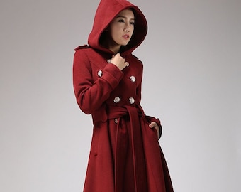 Double breasted woolen Military Coat, Hooded wool coat, Long wool coat, Winter coat, trench coat, wool coat women, wool clothing 705#