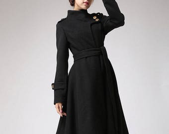 Wool coat women, black coat, long wool coat, winter coat women, Gothic Coat, asymmetrical coat, steampunk coat, wool coat xs 0703#