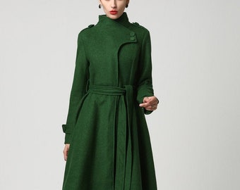 Long Wool coat, Wool coat women, Green wool coat, Asymmetrical coat, Gothic coat, Winter coat women, Belted wool coat, Made to order 1112#