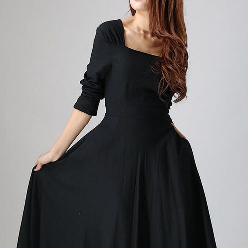 Long Sleeve Maxi Dress in Black Linen Dress Women's - Etsy