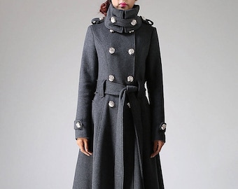 Military coat, wool coat, Long Wool Coat, winter coat women, Double-Breasted Overcoat in gray, Wool coat women, Warm winter coat 1072#