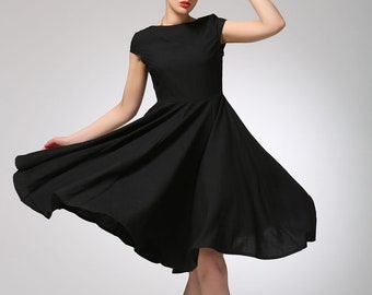 Little black dress, Knee Length Swing dress, Cap sleeve Modest party dress from women, Summer Linen Midi dress, fit and flared dress 1263#