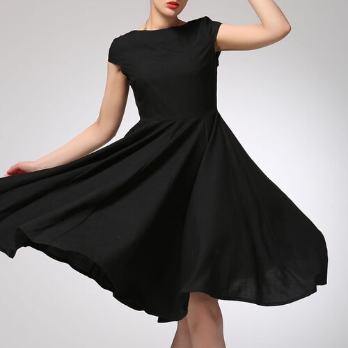 Little Black Dress Knee Length Swing Dress Cap Sleeve Modest Etsy