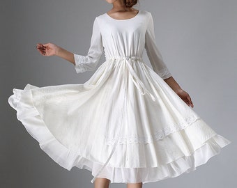 Robe blanche pour femmes, robe midi à volants Boho d’été, robe swing de mariée blanc ivoire taille plus, robe de demoiselle d’honneur 0960 #