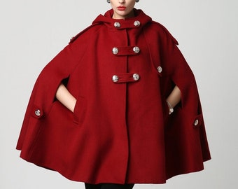 Women's Winter Red Wool Hooded Wool Cape Coat, Plus Size Cape Coat, Wool Cape Jacket, Wool Cloak, Military Cape, Custom Outwear 1130