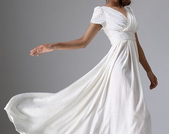 White dress women, Simple wedding dress, Boho wedding dress, Prom dress long, women dress formal, Summer dress, Maxi Linen dress 0959#