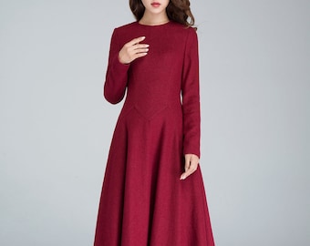 Wool dress Vintage, womens dresses casual, Red dress women, Midi winter dress, fall dress for women, ladies dresses, fitted dress 1618#