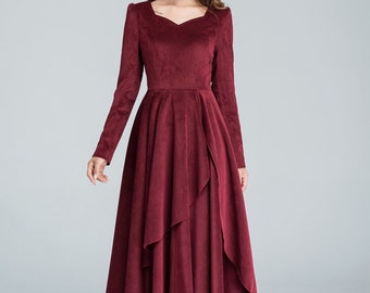 Burgundy corduroy dress, Long sleeve Cocktail dress, Maxi dress, Long dress, party dress, wedding dress, layered dress, fall dress  1612#