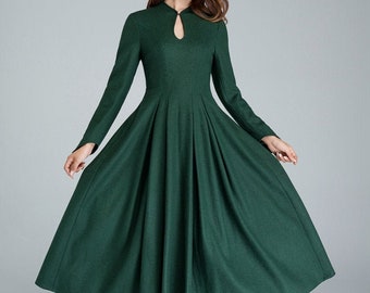 Vintage geïnspireerde winterwollen jurk dames, mandarijn kraag wollen jurk, a-lijn groene wollen jurk, retro swing lange jurk, Xiaolizi 1621 #