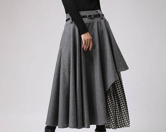 grey wool skirt, houndstooth skirt, winter skirts, tea length skirt, womens skirt, warm skirt, high waisted skirt, plus size skirt 720