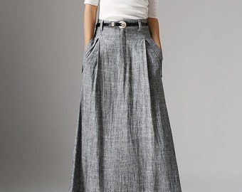 A Line Maxi skirt, Linen skirt, Long Linen skirt, gray skirt, ladies skirts, pocket skirts, Summer spring outfit, custom skirt 1039#