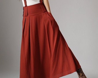 Linen Suspender Skirt Women, High Waisted Maxi Skirt with Pockets, Red Skirt, Custom Made Skirt, Casual Linen Skirt, Summer Fall Skirt 1035