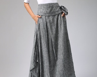 Wrap skirt, Linen skirt, Maxi skirt, grey skirt, asymmetrical skirt, ladies skirt, handmade skirt, ethic skirt, plus size skirt 0689#