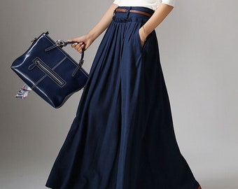 Swing Long Linen Maxi skirt for women, Navy blue walking skirt, High waist swing pleated skirt with pocket, women skirt, full skirt 1046