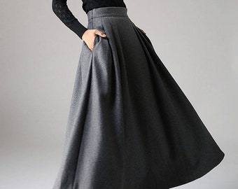 Jupe en laine, jupe trapèze maxi, jupe d'hiver pour femme, jupe longue en laine, jupe plissée avec poche, jupe taille haute, jupe automne hiver 1091