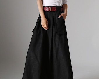 Long black A line skirt, pockets skirts, linen skirt, womens skirts, full length skirt, fall skirt, plus size skirt, custom made 0979#