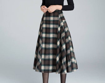 Tartan A Line Midi wool skirt, 1950'S Women Vintage Inspired wool plaid skirt, Winter skirt women, long plaid skirt, womens skirt 1626#