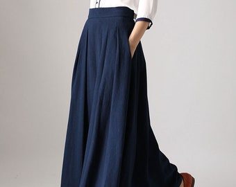 Pleated maxi skirt, Long linen skirt, Blue skirt, linen skirt, modern skirt, skirt with pockets, linen clothing, spring summer outwear 0855#