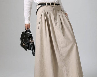 Khaki skirt, maxi skirt, long skirt, casual skirt, linen skirt, summer skirt, pleated skirt, fitted skirt, pockets skirt, gift ideas  0903#