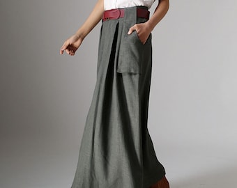 Wide leg Maxi Linen skirt, A Line skirt with pockets, Green linen skirt, linen skirt, womens skirt, Long linen skirt, skirt for women 0987#