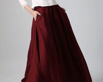 Burgundy skirt, linen skirt, maxi linen skirt, Asymmetrical skirt, women linen skirt, linen skirt pockets, women linen clothing 0910#